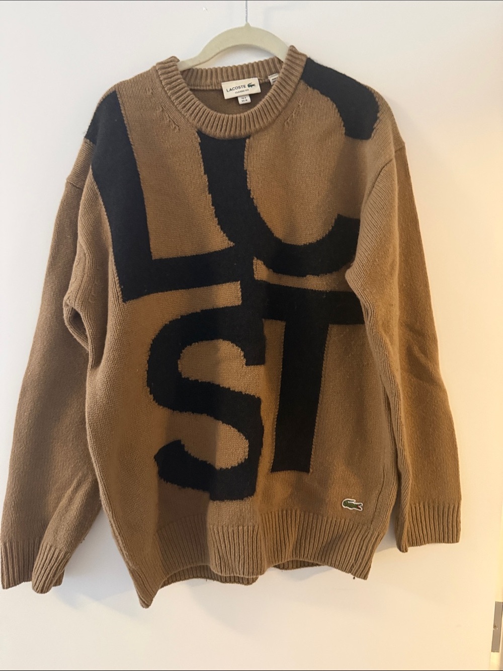 Lacoste Brown Crewneck Sweater with Black Graphic Logo